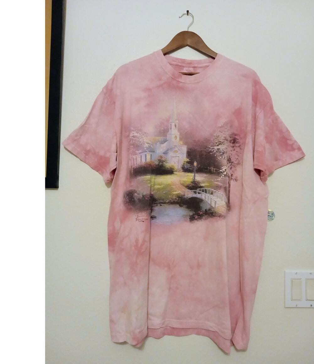 VTG Thomas Kinkade Pink Tie-Dye Graphic T-Shirt Idyllic Church Bridge Art SZ 2X